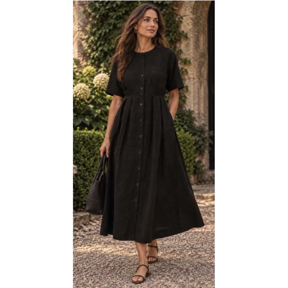 Jenni Kayne Day Linen Midi Dress in Black Quiet Luxury Minimalist Women's L